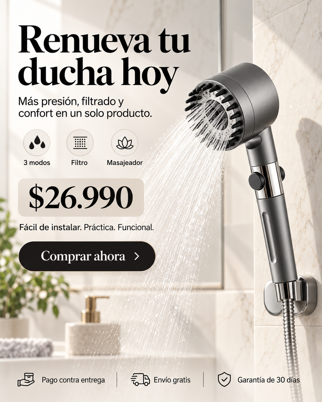 Hydralux Pro — Ducha de Alta Presión 4 en 1 con Filtro y Masajeador